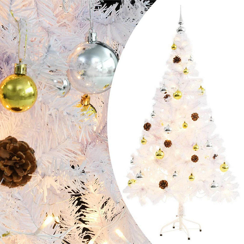 VidaXL 5' White Artificial Christmas Tree with LED Lights & 40pc Gold/Silver Bauble Set Image
