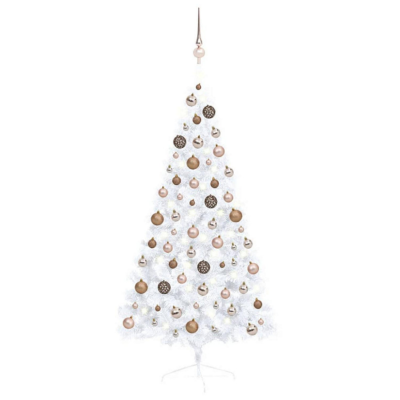 VidaXL 5' White Artificial Half Christmas Tree with LED Lights & Stand & 61pc Gold Ornament Set Image