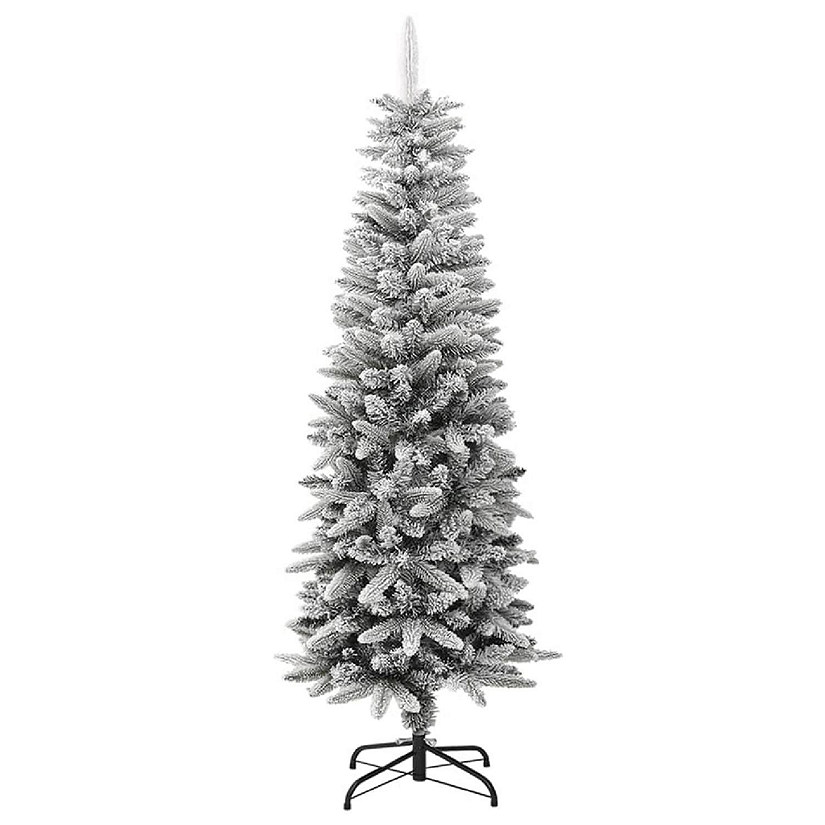 vidaXL 5' White/Green PVC/PE/Steel Artificial Slim Christmas Tree with Flocked Snow Image