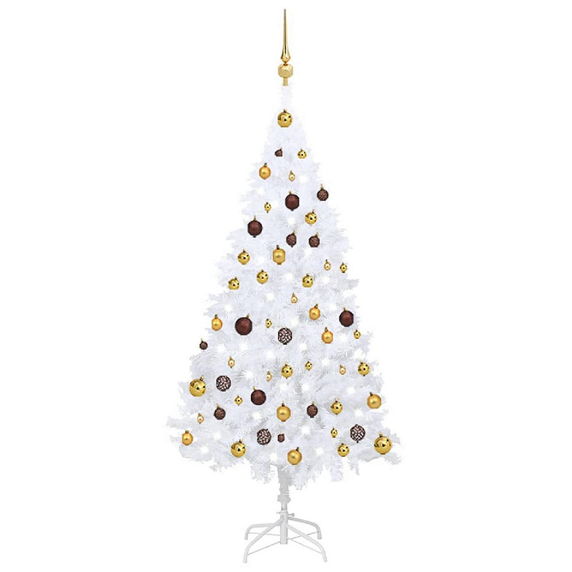 VidaXL 5' White PVC Artificial Christmas Tree with LED Lights & 61pc Gold/Bronze Ornament Set Image