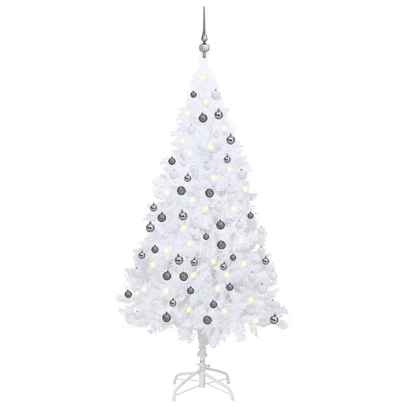 VidaXL 5' White PVC Artificial Christmas Tree with LED Lights & 61pc White/Gray Ornament Set Image