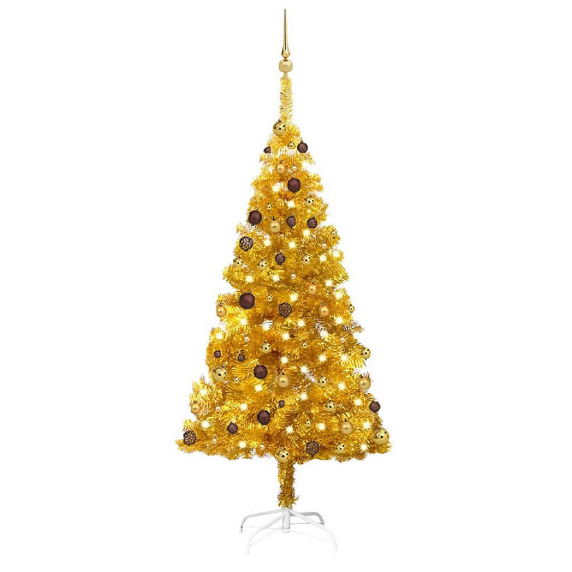 VidaXL 6' Gold Artificial Christmas Tree with LED Lights & 61pc Gold/Bronze Ornament Set Image
