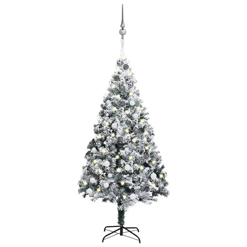 VidaXL 6' Green Artificial Christmas Tree with LED Lights & 61pc White/Gray Ornament Set Image