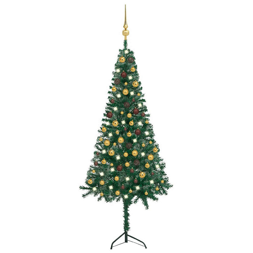 vidaXL 6' Green Corner Artificial Christmas Tree with LED Lights & 61pc Gold/Bronze Ornament Set Image
