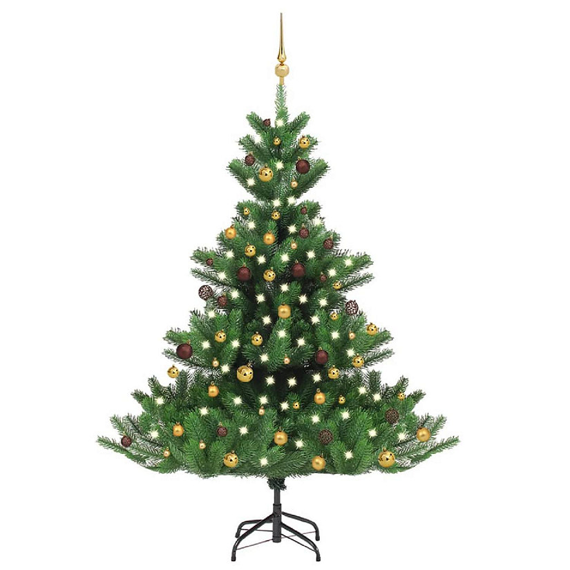 vidaXL 6' Green Nordmann Fir Artificial Christmas Tree with LED Lights & 61pc Gold/Bronze Ornament Set Image