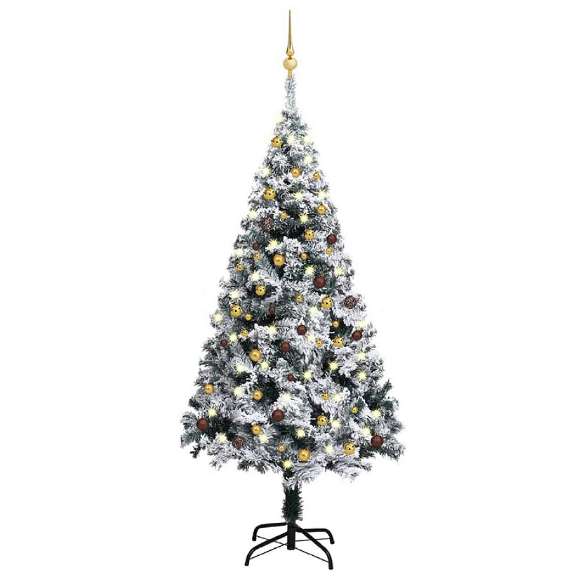 VidaXL 6' Green PVC Artificial Christmas Tree with LED Lights & 61pc Gold/Bronze Ornament Set Image