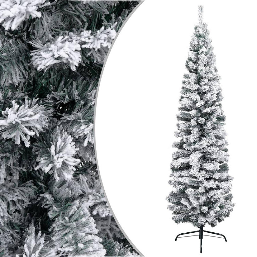 vidaXL 6' Green PVC Slim Artificial Christmas Tree with Flocked Snow Image