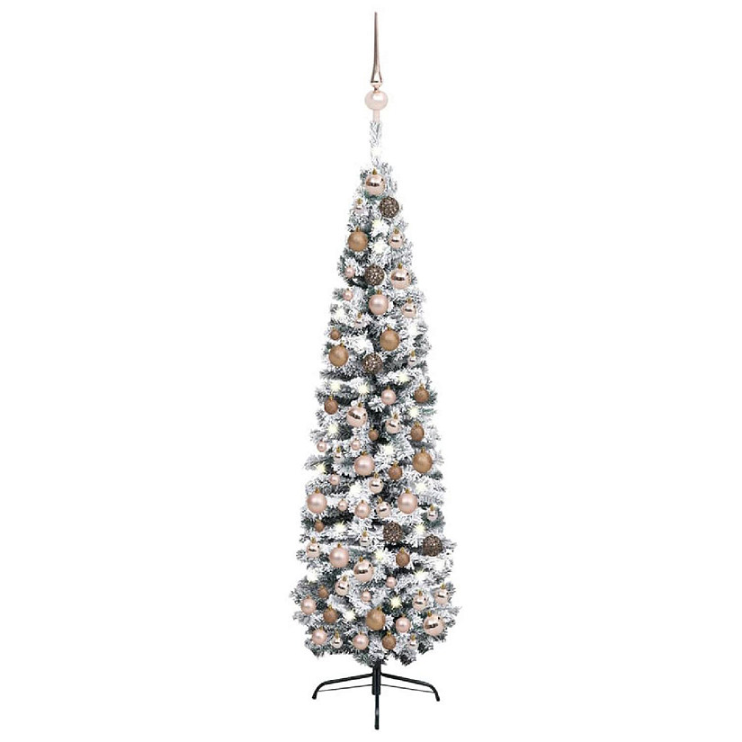 vidaXL 6' Green PVC/Steel/Plastic Slim Artificial Christmas Tree with LED Lights & 61pc Gold Ornament Set Image