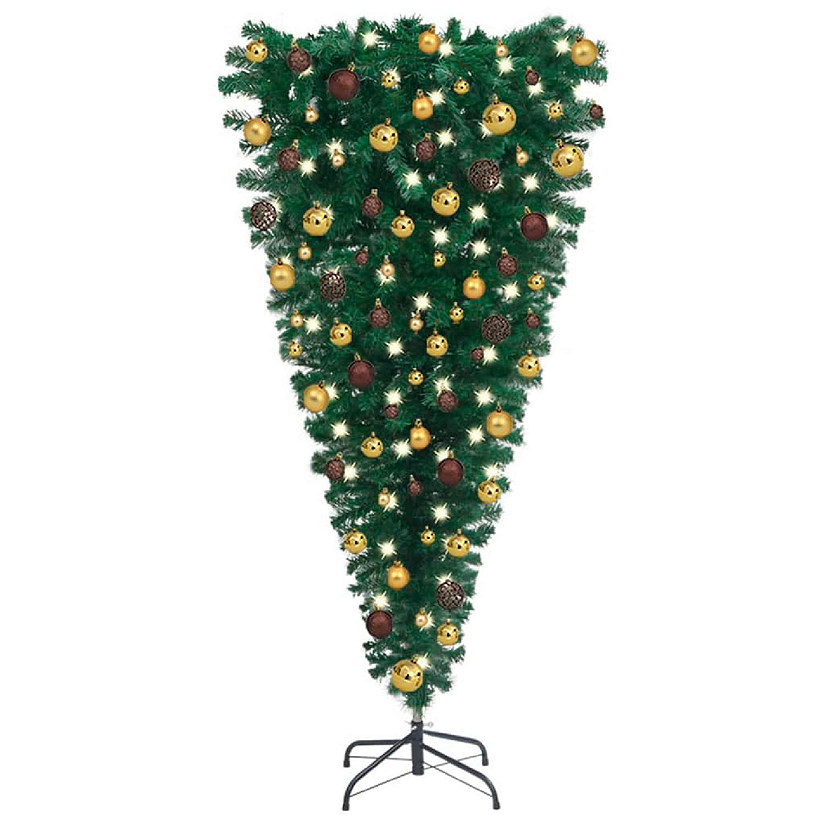 vidaXL 6' Green Upside-down Artificial Christmas Tree with LED Lights & 61pc Gold/Bronze Ornament Set Image