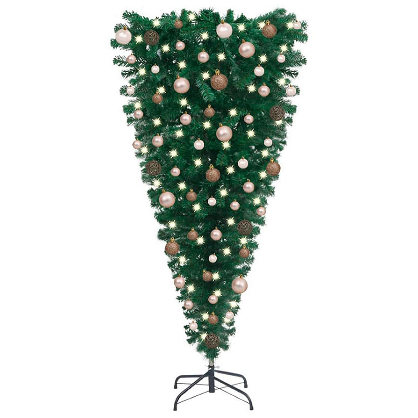 vidaXL 6' Green Upside-down Artificial Christmas Tree with LED Lights & 61pc Gold Ornament Set Image