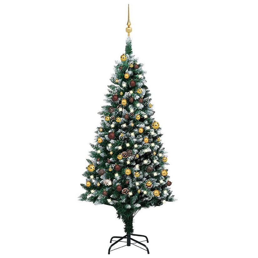 VidaXL 6' Green/White Artificial Christmas Tree with LED Lights & 61pc Gold/Bronze Ornament Set Image
