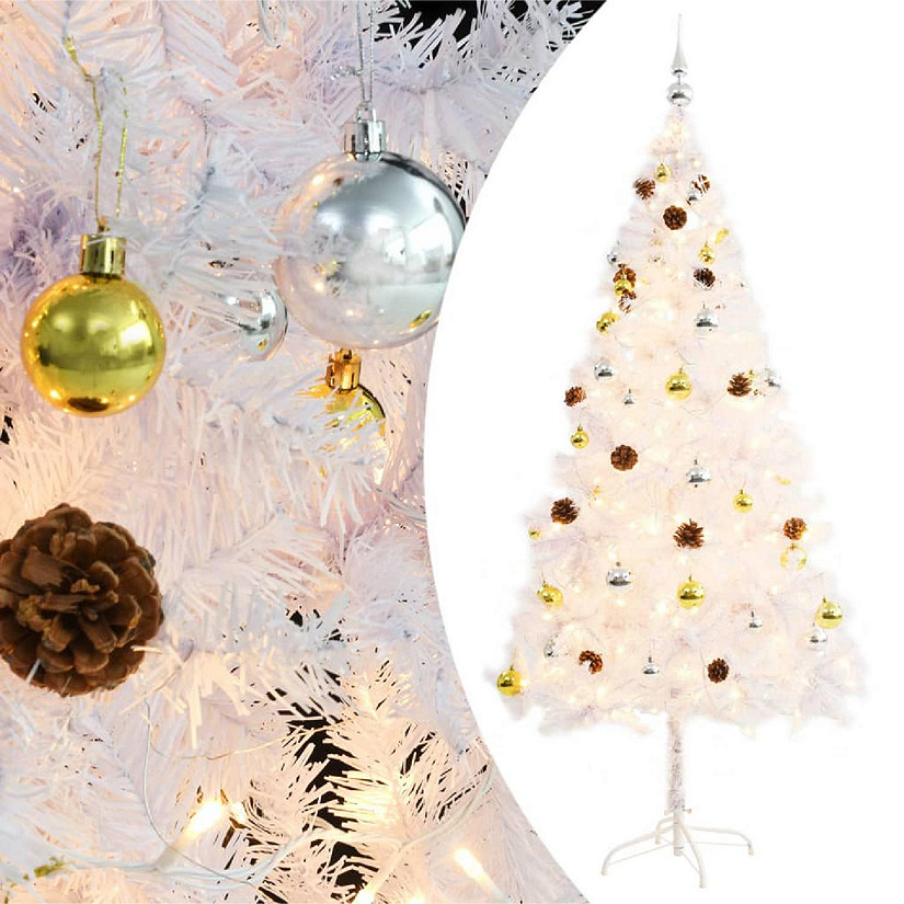 VidaXL 6' White Artificial Christmas Tree with LED Lights & 60pc Gold/Silver Bauble Set Image