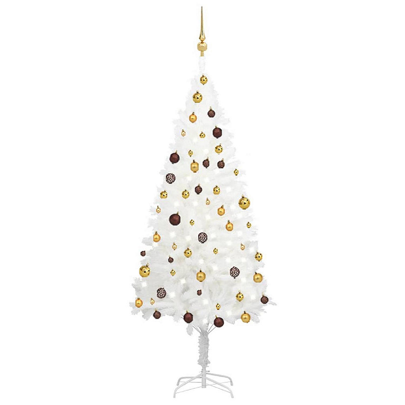 VidaXL 6' White Artificial Christmas Tree with LED Lights & 61pc Gold/Bronze Ornament Set Image