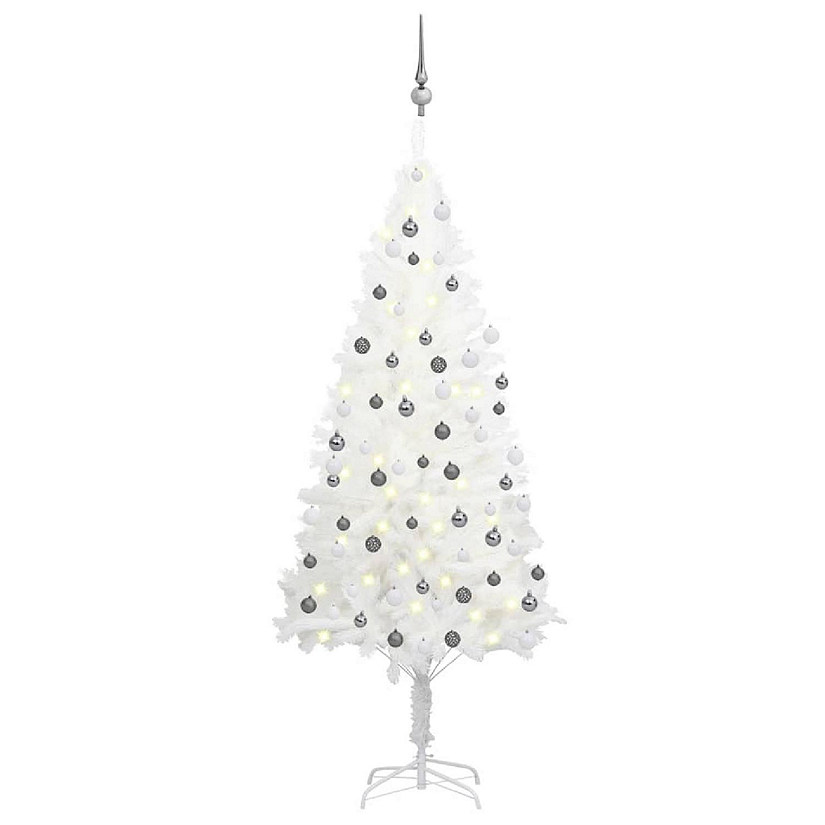 VidaXL 6' White Artificial Christmas Tree with LED Lights & 61pc White/Gray Ornament Set Image