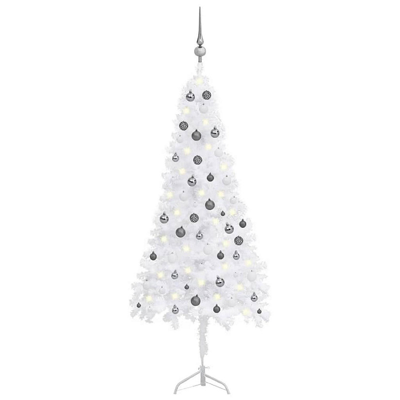 vidaXL 6' White Corner Artificial Christmas Tree with LED Lights & 61pc White/Gray Ornament Set Image