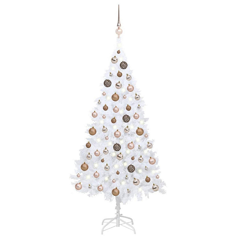 VidaXL 6' White PVC Artificial Christmas Tree with LED Lights & 61pc Gold Ornament Set Image