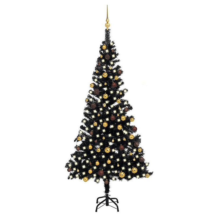 VidaXL 7' Black Artificial Christmas Tree with LED Lights & 120pc Gold/Bronze Ornament Set Image