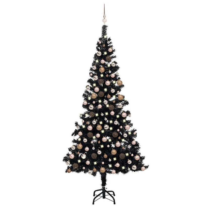 VidaXL 7' Black Artificial Christmas Tree with LED Lights & 120pc Gold Ornament Set Image