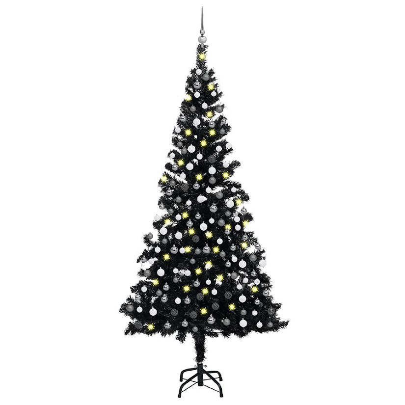 VidaXL 7' Black Artificial Christmas Tree with LED Lights & 120pc White ...