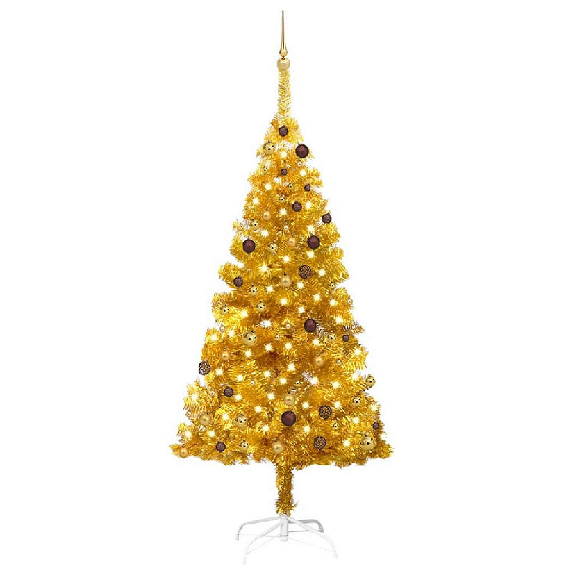 VidaXL 7' Gold Artificial Christmas Tree with LED Lights & 120pc Gold/Bronze Ornament Set Image