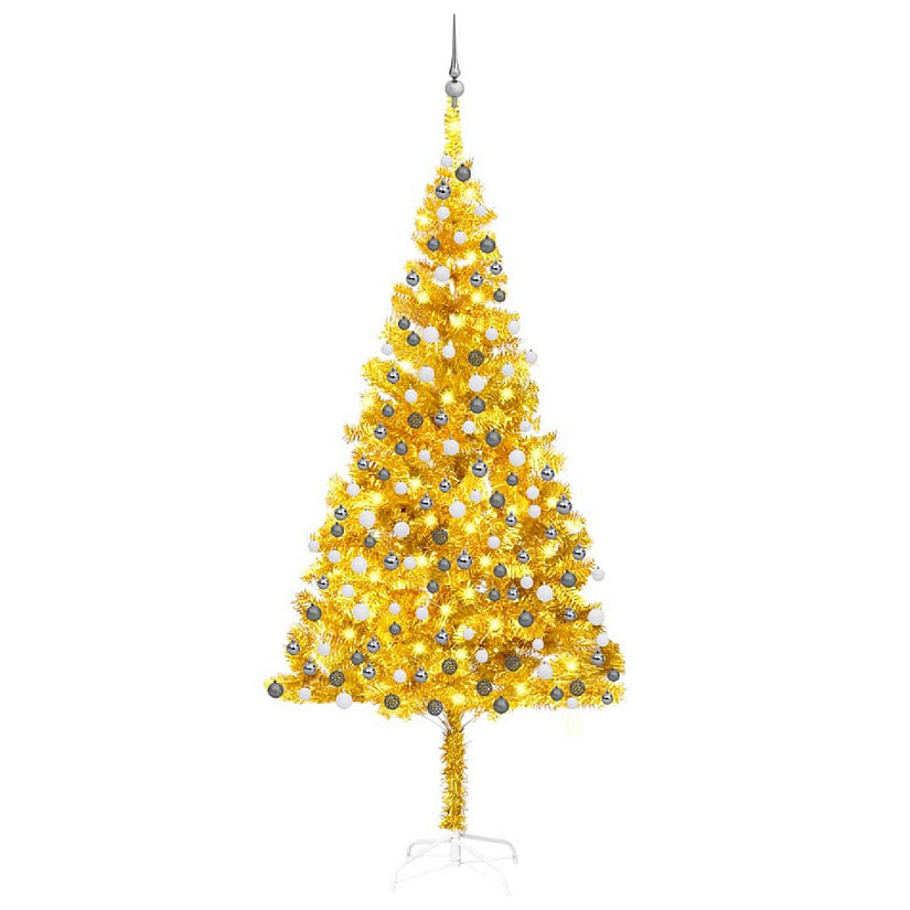 VidaXL 7' Gold Artificial Christmas Tree with LED Lights & 120pc White/Gray Ornament Set Image