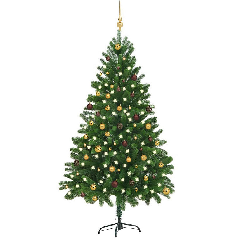 VidaXL 7' Green Artificial Christmas Tree with LED Lights & 120pc Gold/Bronze Ornament & 1100pc Branch Set Image