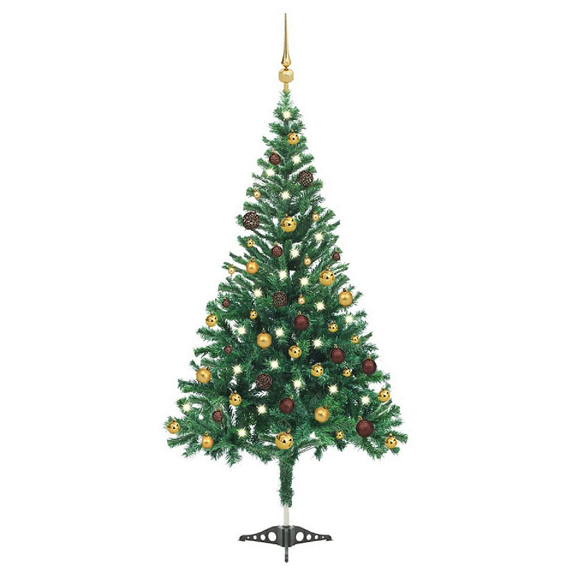 VidaXL 7' Green Artificial Christmas Tree with LED Lights & 120pc Gold/Bronze Ornament & 910pc Branch Set Image