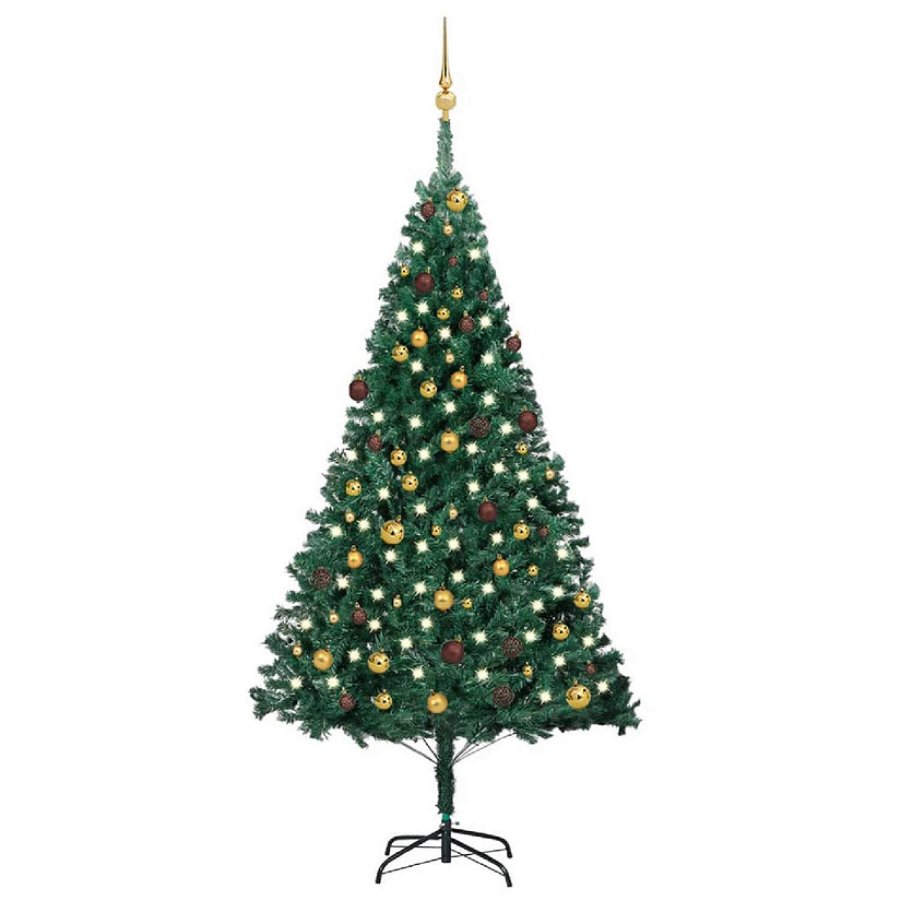 VidaXL 7' Green Artificial Christmas Tree with LED Lights & 120pc Gold/Bronze Ornament Set Image