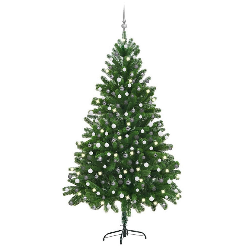 VidaXL 7' Green Artificial Christmas Tree with LED Lights & 120pc White/Gray Ornament & 1100pc Branch Set Image