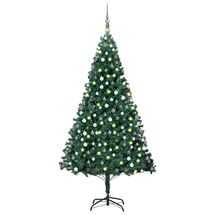 VidaXL 7' Green Artificial Christmas Tree with LED Lights & 120pc White/Gray Ornament Set Image