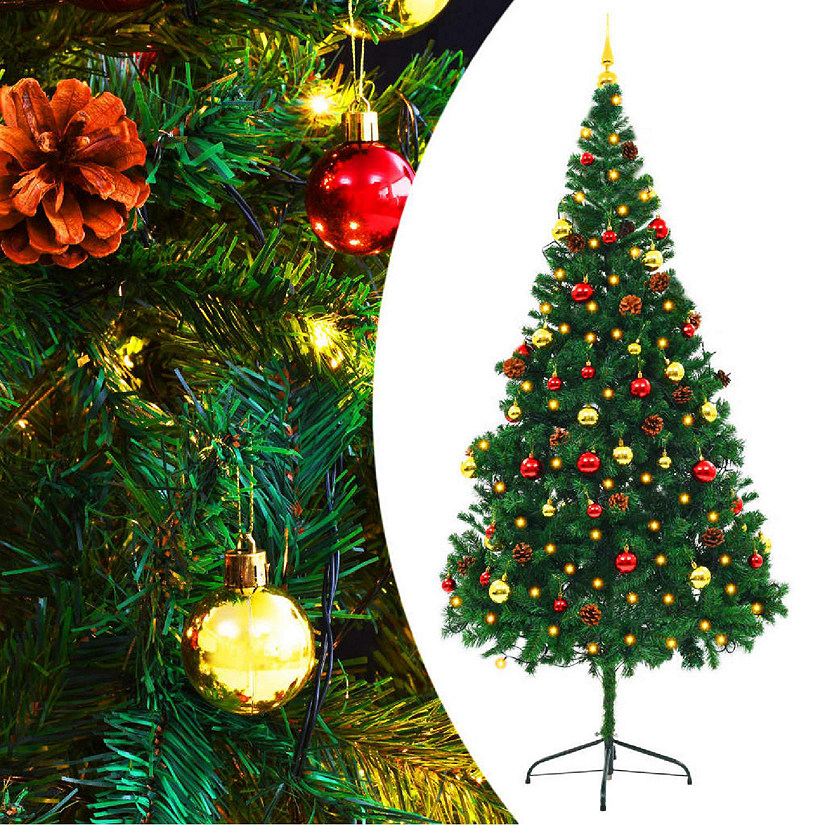 VidaXL 7' Green Artificial Christmas Tree with LED Lights & 80pc Gold/Red Bauble Set Image