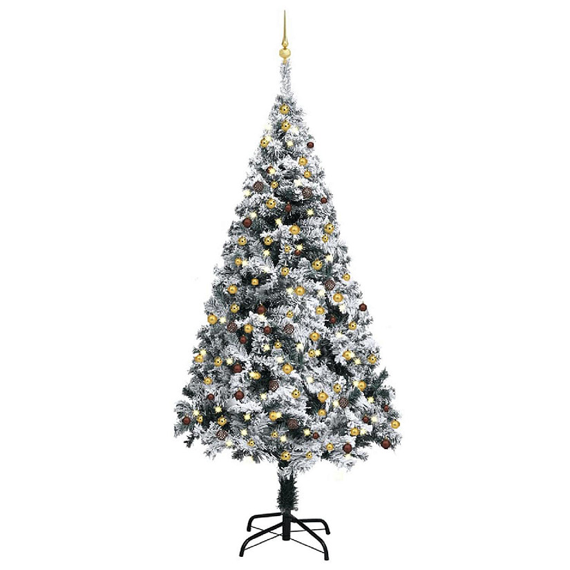 VidaXL 7' Green PVC Artificial Christmas Tree with LED Lights & 120pc Gold/Bronze Ornament Set Image