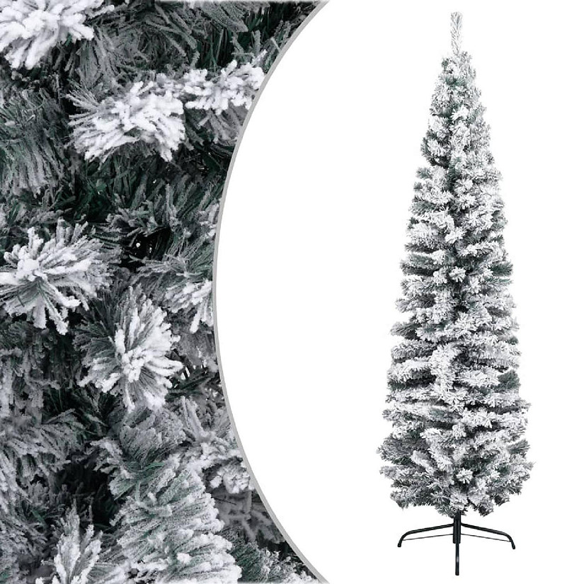 vidaXL 7' Green PVC Slim Artificial Christmas Tree with Flocked Snow Image