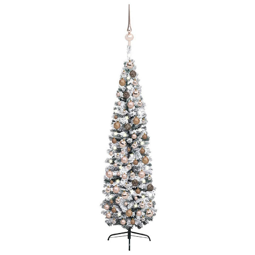vidaXL 7' Green PVC/Steel/Plastic Slim Artificial Christmas Tree with 150pc LED Lights & 61pc Gold Ornament Set Image