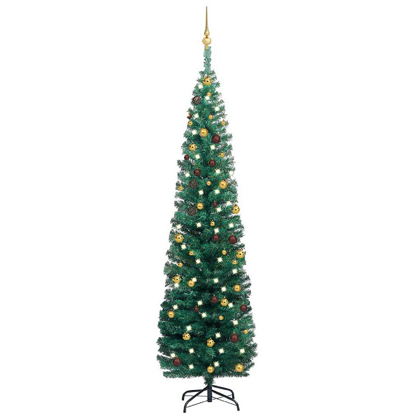 vidaXL 7' Green Slim Artificial Christmas Tree with LED Lights & 61pc Gold/Bronze Ornament Set Image
