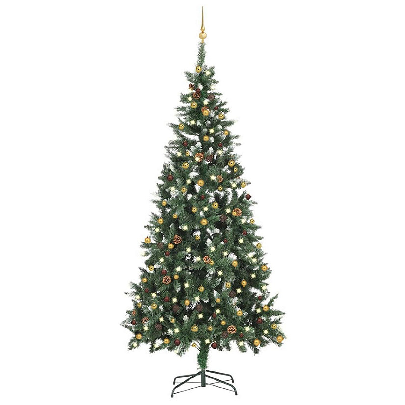 VidaXL 7' Green/White Artificial Christmas Tree with LED Lights & 120pc Gold/Bronze Ornament Set Image
