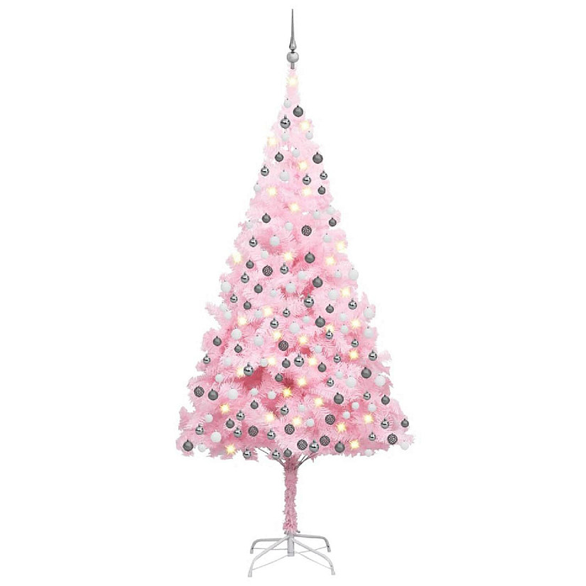 VidaXL 7' Pink Artificial Christmas Tree with LED Lights & 120pc White/Gray Ornament Set Image