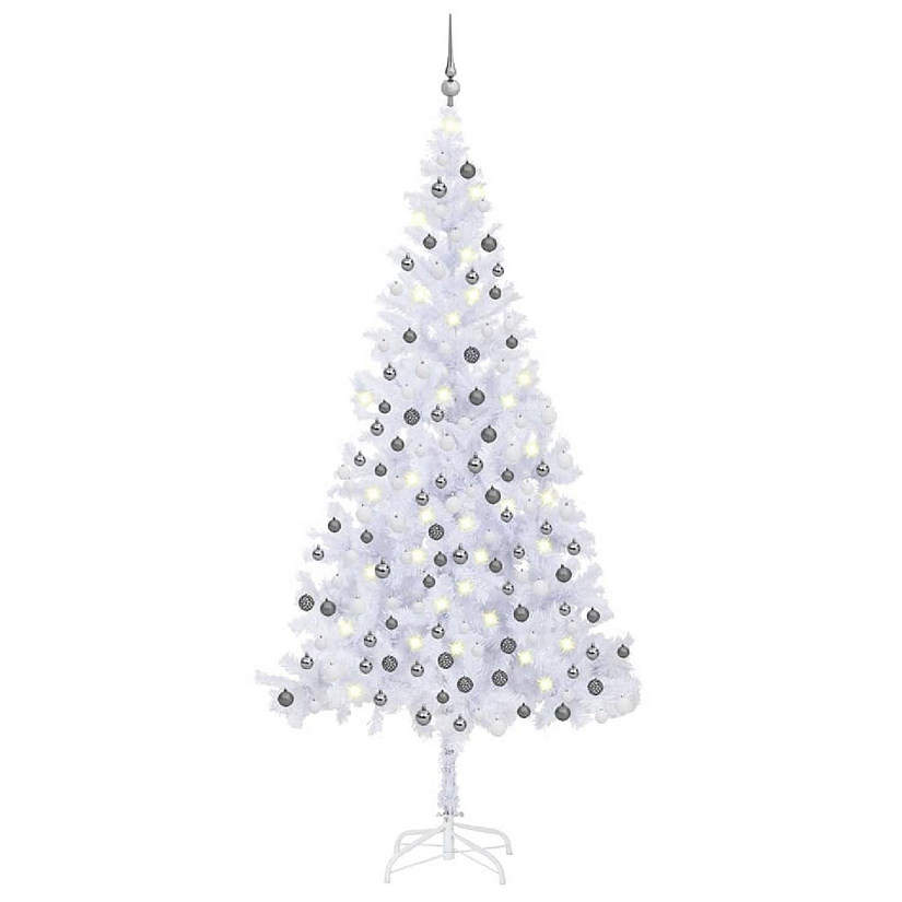 VidaXL 7' White Artificial Christmas Tree with LED Lights & 120pc White/Gray Ornament & 910pc Branch Set Image