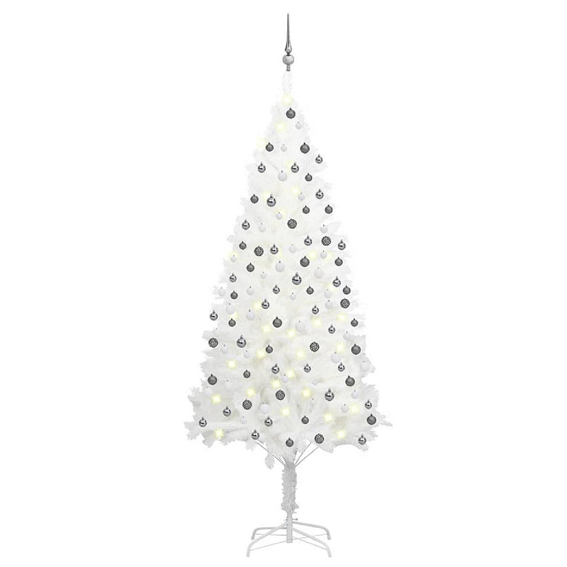 VidaXL 7' White Artificial Christmas Tree with LED Lights & 120pc White/Gray Ornament Set Image