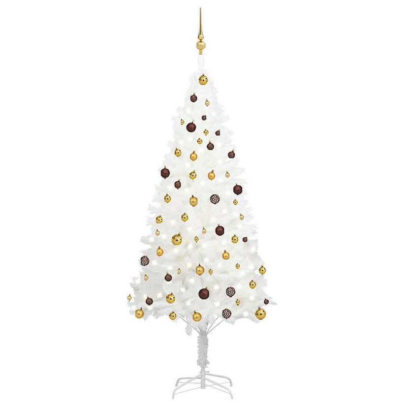 VidaXL 7' White Artificial Christmas Tree with LED Lights & 61pc Gold/Bronze Ornament Set Image