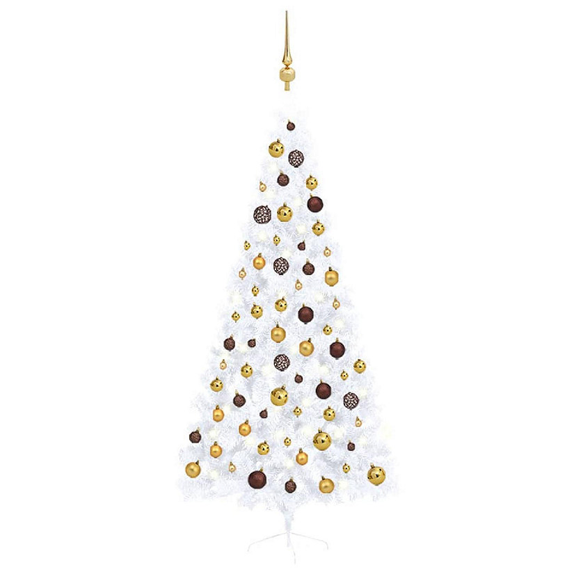 VidaXL 7' White Artificial Half Christmas Tree with LED Lights & Stand & 61pc Gold/Bronze Ornament Set Image
