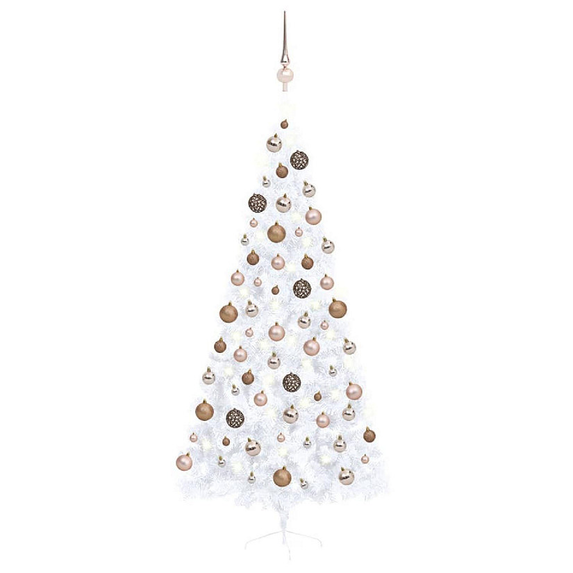 VidaXL 7' White Artificial Half Christmas Tree with LED Lights & Stand & 61pc Gold Ornament Set Image