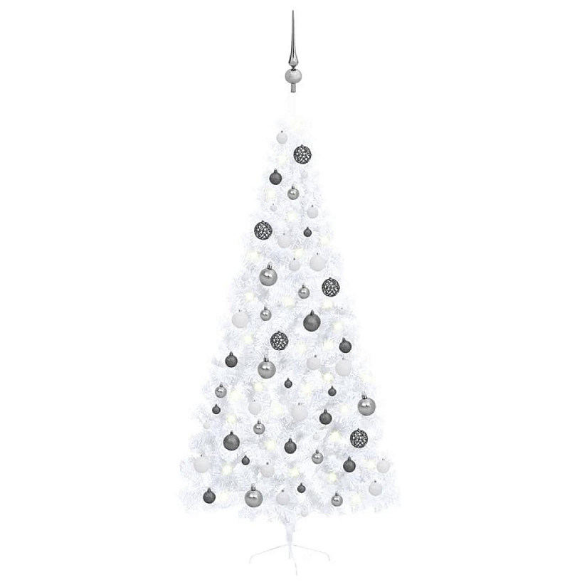 VidaXL 7' White Artificial Half Christmas Tree with LED Lights & Stand & 61pc White/Gray Ornament Set Image