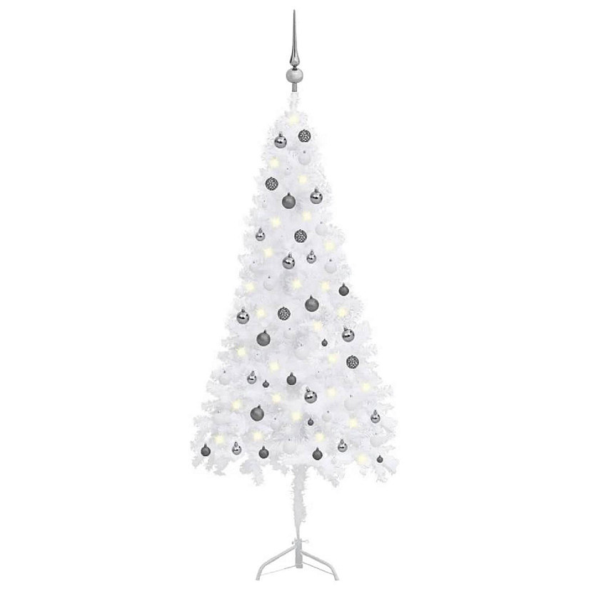 vidaXL 7' White Corner Artificial Christmas Tree with LED Lights & 61pc White/Gray Ornament Set Image