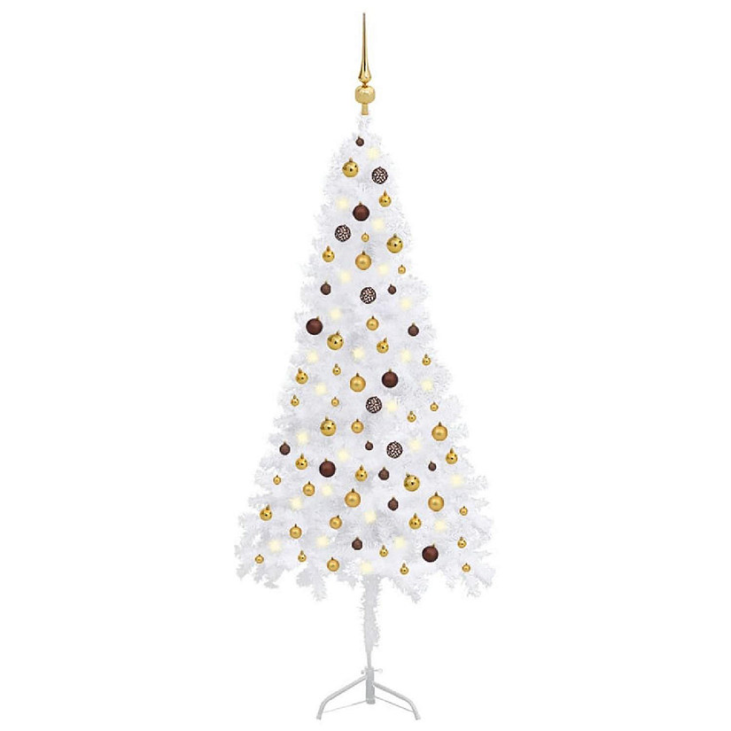 vidaXL 7' White Corner Artificial Christmas Tree with LED Lights & Gold/Bronze Ornament Set Image