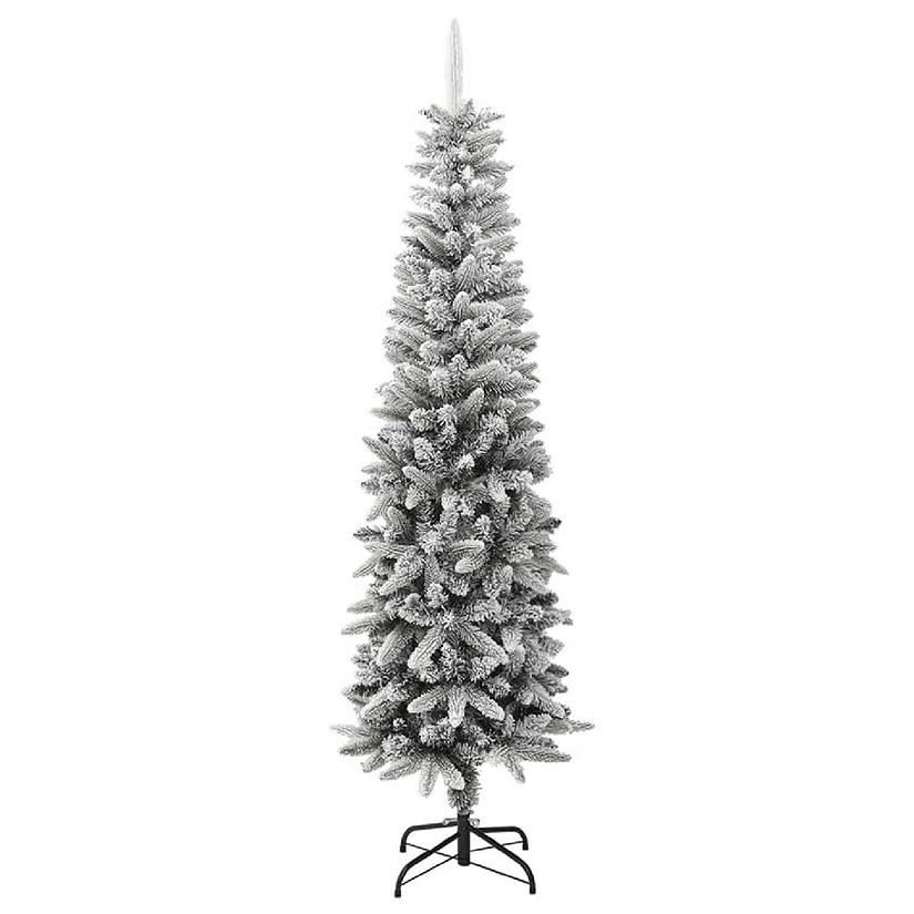 vidaXL 7' White/Green PVC/PE/Steel Artificial Slim Christmas Tree with Flocked Snow Image