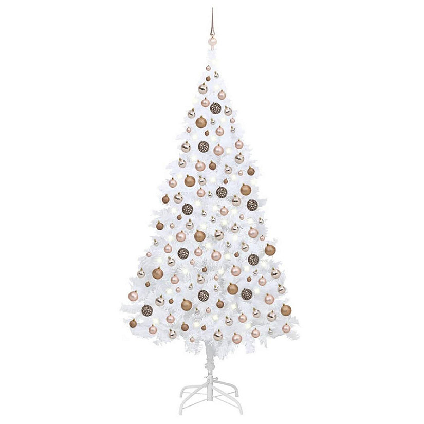 VidaXL 7' White PVC Artificial Christmas Tree with LED Lights & 120pc Gold Ornament Set Image