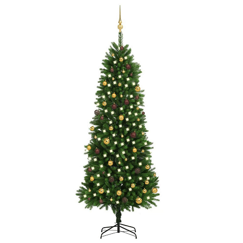 VidaXL 8' Artificial Christmas Tree with LED Lights & 120pc Gold/Bronze Ornament & 1560pc Branch Set Image