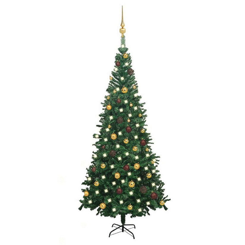 VidaXL 8' Green Artificial Christmas Tree with LED Lights & 120pc Gold/Bronze Ornament & 1300pc Branch Set Image