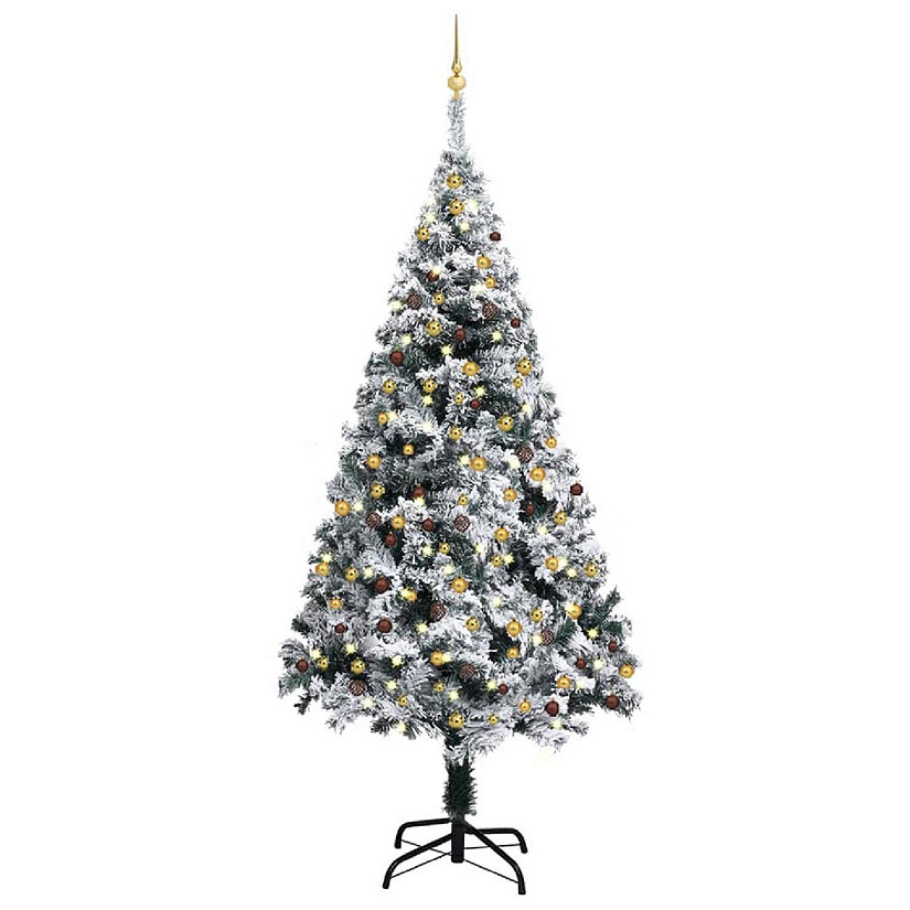 VidaXL 8' Green Artificial Christmas Tree with LED Lights & 120pc Gold/Bronze Ornament Set Image